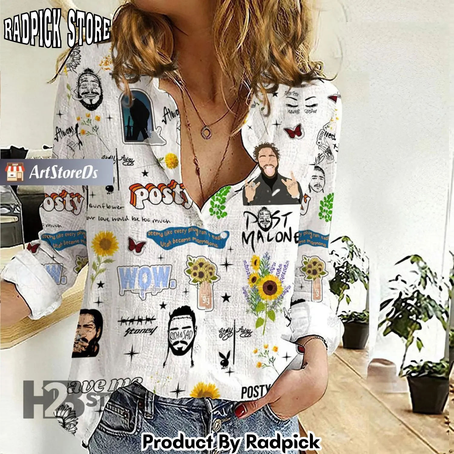 Radpick post malone sunflower retro vintage posty music linen casual shirt rp662423